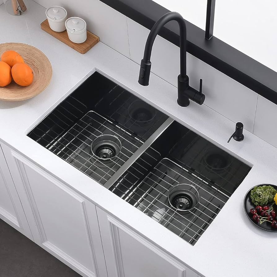30 Black Stainless Steel Undermount Double Bowl Kitchen Sink